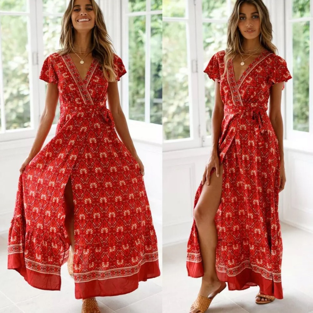 Red Floral Wrap Maxi Boho Dress